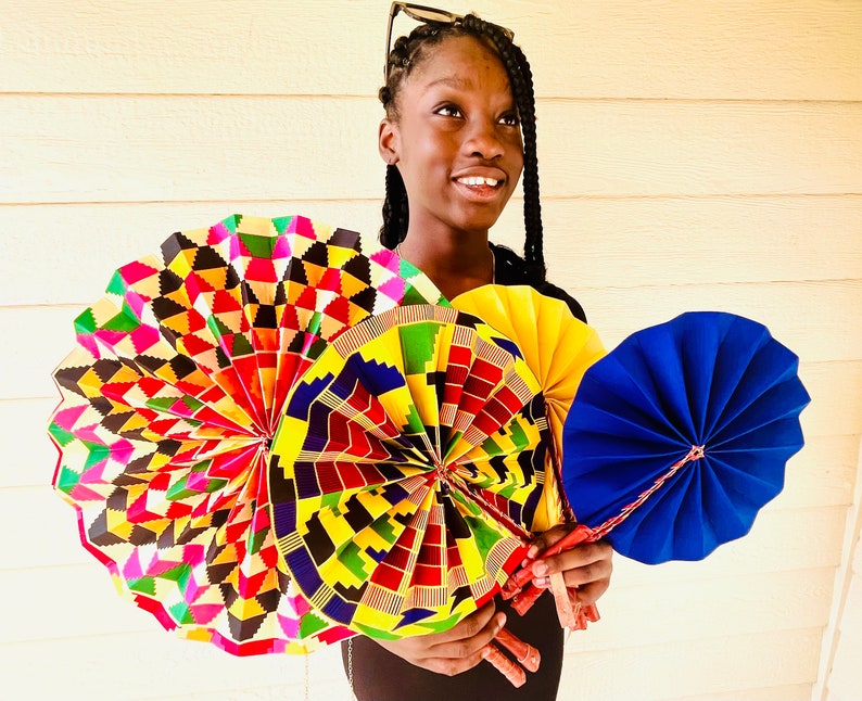 Hand fan, Africa fan , Ankara print, African print fans with leather handles, Ghana Kente fan, handmade fan, Beach fold fan FAST SHIPPING image 6