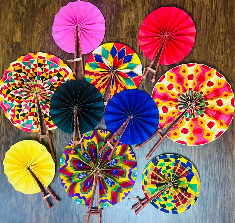 Hand fan, Africa fan , Ankara print, African print fans with leather handles, Ghana Kente fan, handmade fan, Beach fold fan FAST SHIPPING image 5