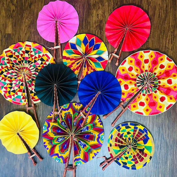 Hand fan, Africa fan , Ankara print, African print fans with leather handles, Ghana Kente fan, handmade fan, Beach fold fan FAST SHIPPING