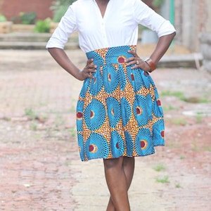 NABU~QUISTT Skyblue Skirt African Ankara Skirt; African clothing,  African Skirt; African high waist Skirt, African knee length skirt