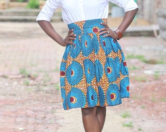 NABU~QUISTT Skyblue Skirt African Ankara Skirt; African clothing,  African Skirt; African high waist Skirt, African knee length skirt