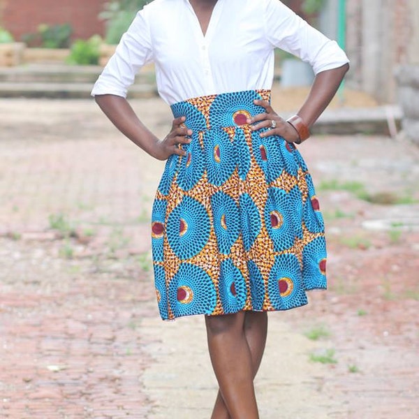 NABU~QUISTT Skyblue Skirt African Ankara Skirt; African clothing,  African Skirt; African high waist Skirt, African knee length skirt