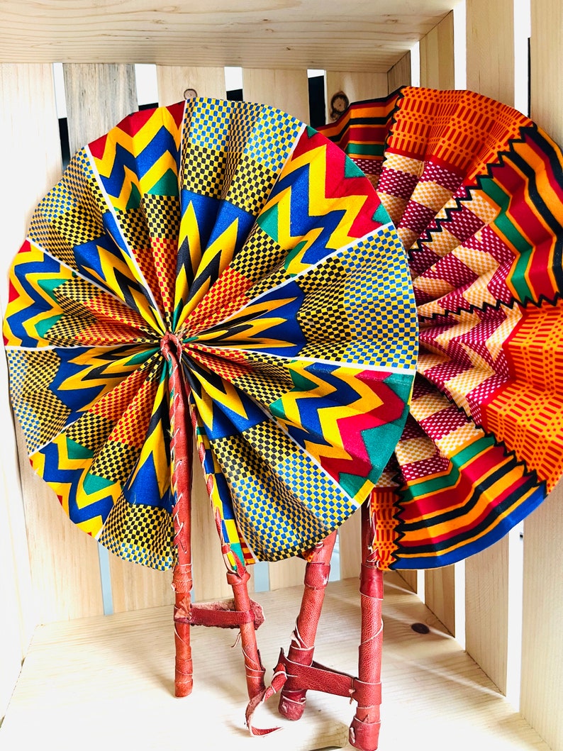 Hand fan, Africa fan , Ankara print, African print fans with leather handles, Ghana Kente fan, handmade fan, Beach fold fan FAST SHIPPING image 3