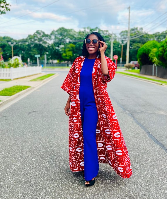 RED Long Wide Ankara Kimono, African Kimono, African Kimono Jacket
