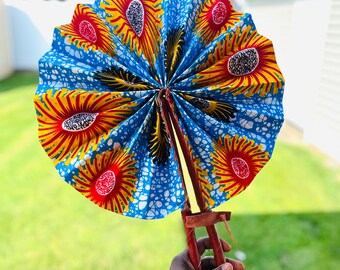 African Hand fan, Africa fan, Ankara print, African print fans with leather handles, Ghana Kente fan, handmade fan, Beach fold fan