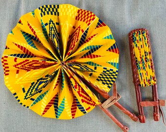 Yellow African Hand fan, FanAnkara print, African print fans with leather handles, Ghana Kente fan, handmade fan, fold fan FAST SHIPPING