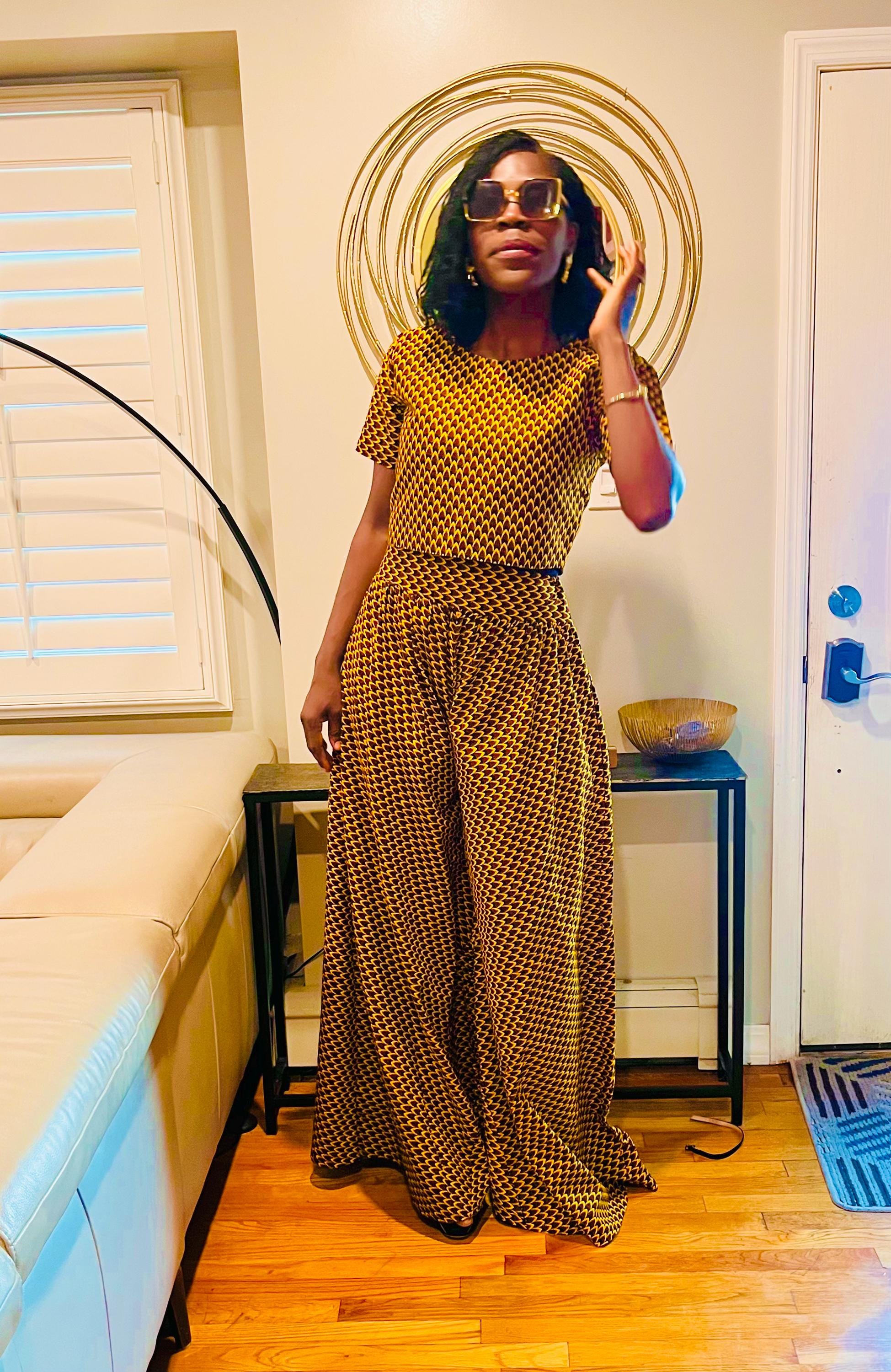 Ankara 2 Piece Skater Wide Leg Pants and Crop Top, African 2