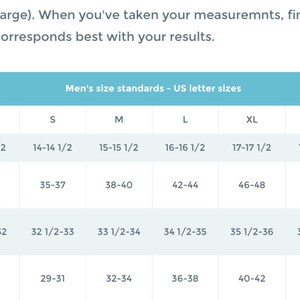 May include: A chart showing men's clothing sizes in US letter sizes. The chart includes neck, chest, sleeve, and waist measurements in inches.