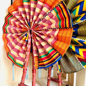 Hand fan, Africa fan , Ankara print, African print fans with leather handles, Ghana Kente fan, handmade fan, Beach fold fan FAST SHIPPING image 2