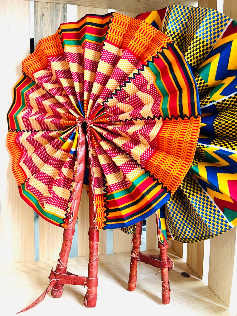 Hand fan, Africa fan , Ankara print, African print fans with leather handles, Ghana Kente fan, handmade fan, Beach fold fan FAST SHIPPING image 2