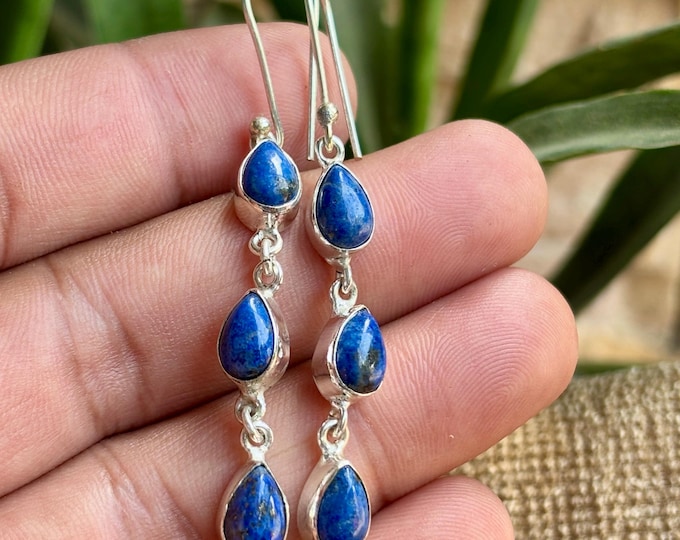 Featured listing image: Handmade Lapis Lazuli Drop Earrings – Sterling Silver Teardrop Gemstone Dangle Earrings – Boho Chic Jewelry