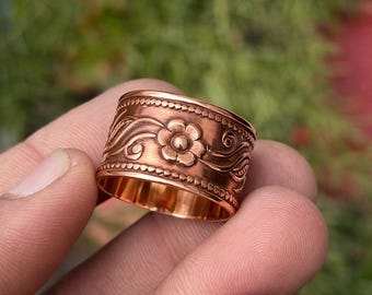 Handcrafted Flower Copper wide band Ring – Minimal Modern Everyday Jewelry