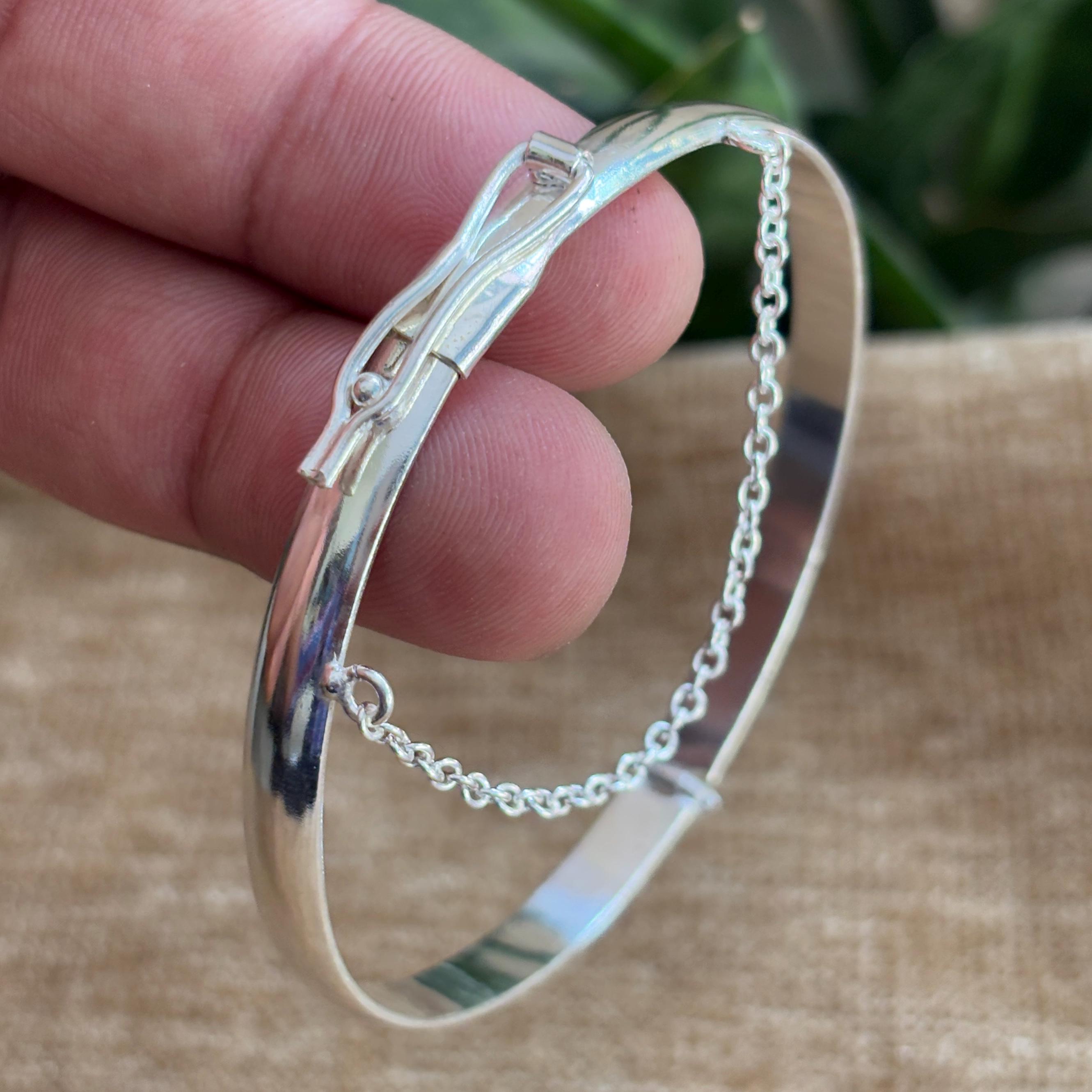 Handcrafted Silver Bangle Bracelet With Safety Chain and Secure
