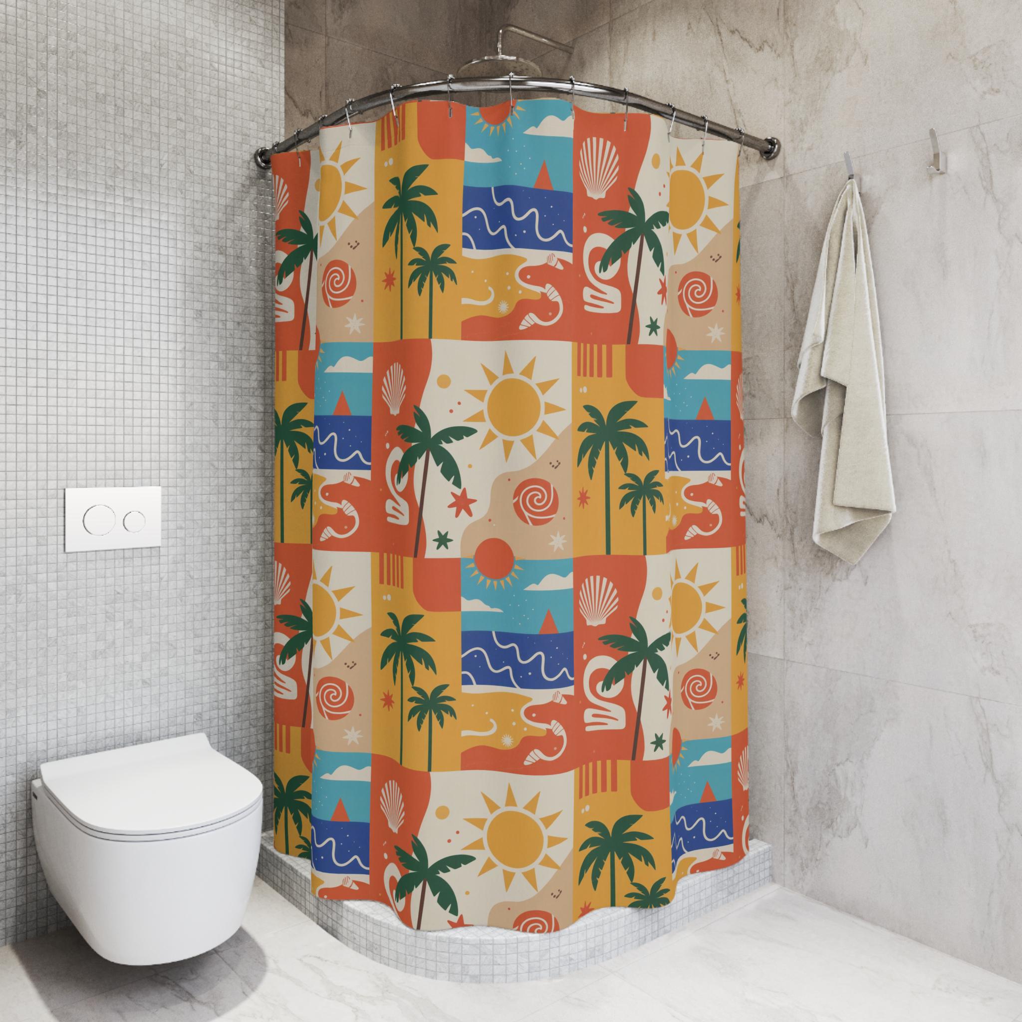 Summer Tropical Palm Sun Pattern Shower Curtain | Beach Waves Shells - Etsy