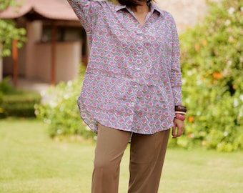 Hand Block Printed Mul Cotton Oversized Shirt | Sanganeri Floral Boho Blouse