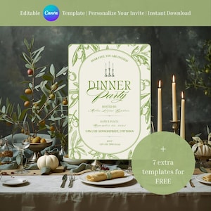 Plantilla de invitación elegante para cena | Invitación editable en Canva | Descarga digital imprimible | Diseño para organizar una cena | Verde | Oliva