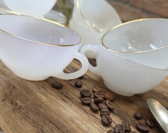 Vintage Arcopal Tea Cups and Saucers Set | Gold Rim Opaline Glass Café Ware