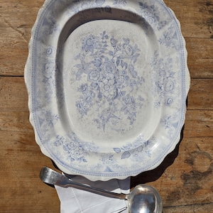 Antik blå asiatisk fasanfat | Staffordshire Transferware köttfat ca 1840