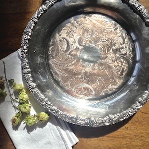 Vintage Silver Plate on Copper Serving Tray | Ornate Embossed Floral Border (29cm)