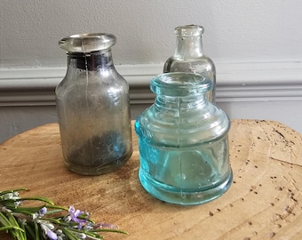 Antique Mini Apothecary Bottle Trio | Victorian Glass Ink Bottle & Small Medicine Vials | Rustic Home Decor |