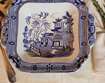 Antique Burleigh Ware Willow Platter: Blue & White Transferware, Staffordshire England