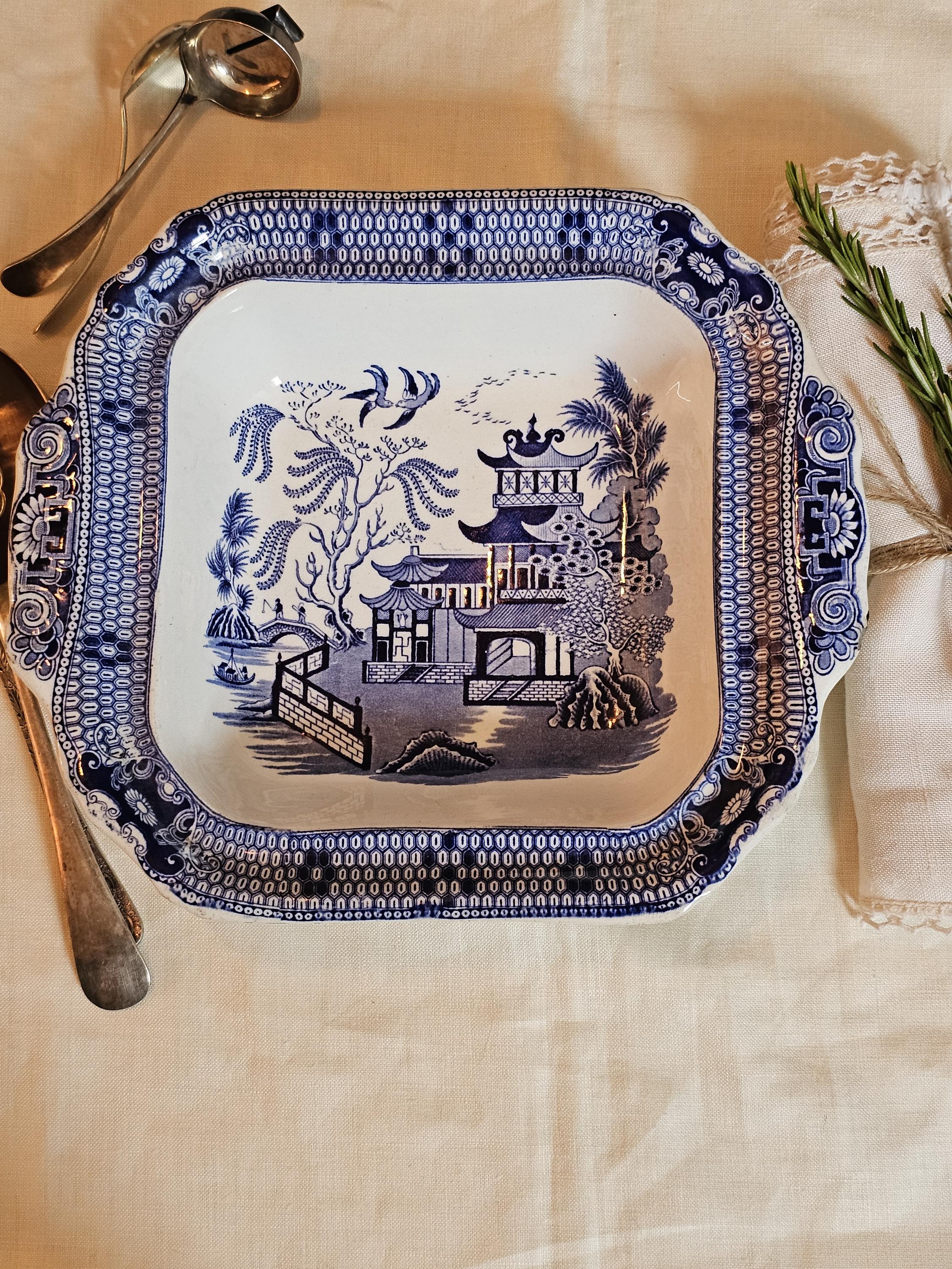 Antique Burleigh Ware Willow Platter: Blue White Transferware