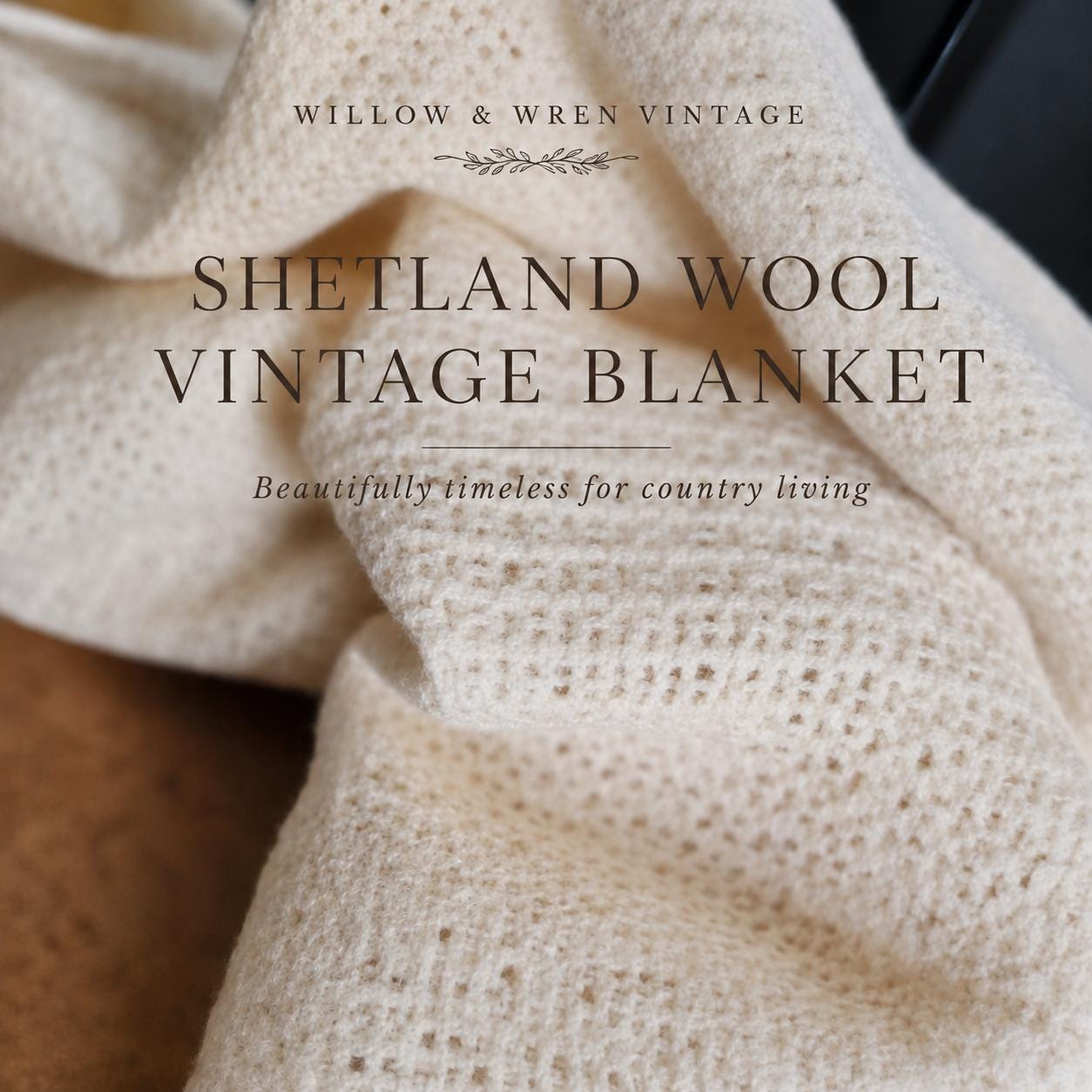 Vintage Shetland Wool Blanket: Cream Cellular Weave Throw, Satin