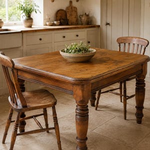May include: A rectangular wooden dining table with four turned legs and two matching wooden spindle-back chairs. A ceramic bowl filled with green herbs sits in the centre of the table, which features a warm brown finish and visible wood grain.
