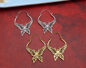 Filigree Butterfly Hoop Earrings • Boho Butterfly Earrings • Gold or Silver Dangle Hoops • Lightweight Statement Earrings • Gift for Her