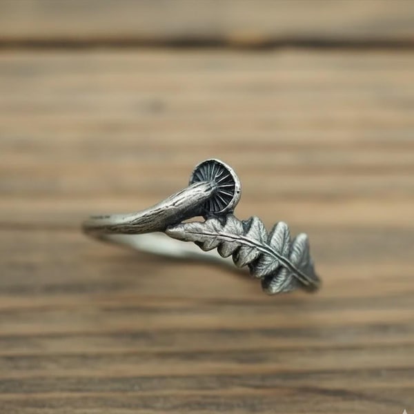 Silver Mushroom and Fern Leaf Ring – Nature Inspired Woodland Ring, Botanical Jewelry, Adjustable Forest Ring Gift