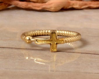 Gold Cross Ring, Dainty Christian Jewelry, Adjustable Faith Ring, Minimalist Gold Filled Cross Band, Religious Gift for Women