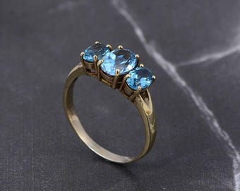 Three Stone Blue Topaz Ring | Gold Plated Blue Gemstone Ring | Handmade December Birthstone Ring | Dainty Elegant Jewelry Gift for Her