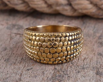 Wide Gold Textured Band Ring, Boho Beaded Statement Ring, Chunky Unisex Ring, Tribal Style Jewelry, Minimalist Gold Ring