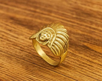 Bague tendance en or vintage avec motif visage - Bague en laiton de style déesse antique - Bijoux mythiques bohèmes pour femme et homme