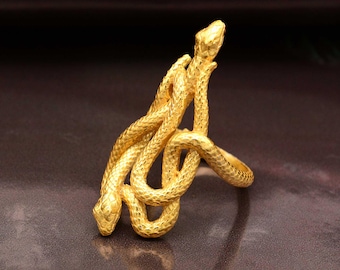 Gold Snake Ring • Double Serpent Ring • Ouroboros Style Statement Ring • Unique Reptile Jewelry • Adjustable Gold Serpent Ring