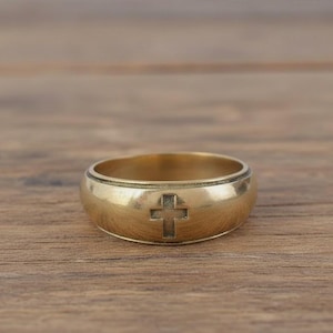 ゴールドクロスリング - 男女兼用クリスチャンバンドリング - 宗教的信仰のジュエリー - ミニマリストなクリスチャンギフト