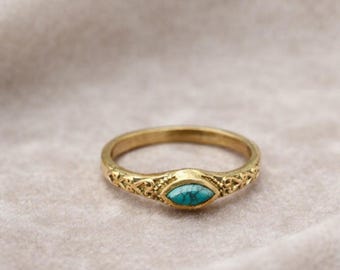 Turquoise Gold Ring, Dainty Turquoise Ring, Vintage Style Gold Ring, Minimalist Stacking Ring, Boho Jewelry Gift for Her, Birthstone Ring