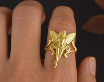 Gold Fairy Ring – Magical Fairy Jewelry, Adjustable Fantasy Ring for Women, Enchanted Forest Ring, Whimsical Gold Statement Ring
