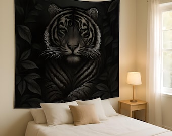 Majestic Tiger Woven Tapestry: Bohemian Black and White Wall Art