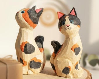 Hand-Carved Calico Cat Figurine | Wooden Animal Sculpture