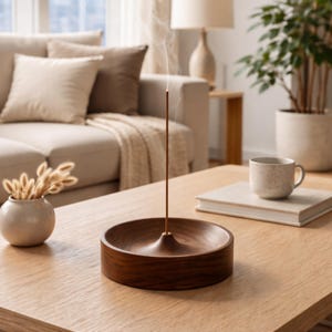 以下が含まれることがあります： 煙が立ち上る、中心が円錐形の濃い茶色の木製香立て。明るい木製のテーブルの上に置かれ、ベージュのマグカップと本が近くにあります。テーブルにはドライフラワーの入った小さな花瓶もあります。