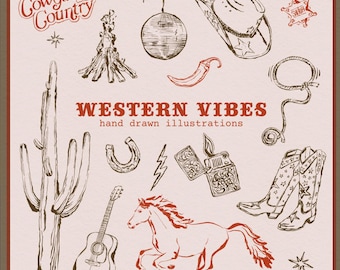 Hand Drawn Western Illustration | Cowgirl Bachelorette Party Clipart | Bridal Shower Western Digital Download