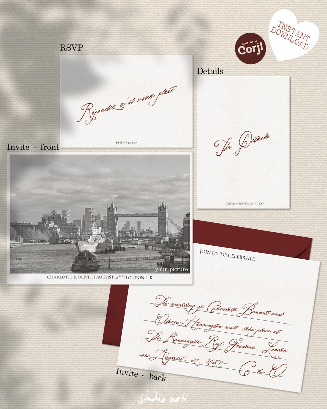 Photo Wedding Invitation Postcard Photo Set | Vintage Cursive (instant ...