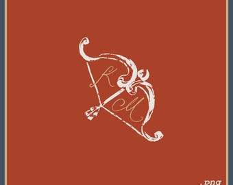 Ilustración romántica del arco y la flecha de Cupido - Logotipo inicial de boda dibujado a mano - Descargar SVG PNG