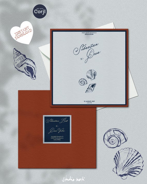 Editable Wedding Invitation Template - Whimsical Seashells - Digital Download