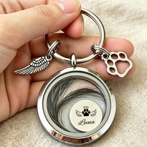 Può includere: Un portachiavi argentato con un medaglione rotondo contenente capelli scuri. Il medaglione ha un piccolo ciondolo circolare con un'impronta di zampa, ali d'angelo e il nome "Luna". I ciondoli aggiuntivi includono un'impronta di zampa e un'ala.