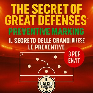 May include: A red and yellow graphic with the text "THE SECRET OF GREAT DEFENSES" and "PREVENTIVE MARKING". The image includes a soccer field diagram and a red circle with "3 PDF EN/IT". The logo "IL CALCIO A MODO MID" is at the bottom.