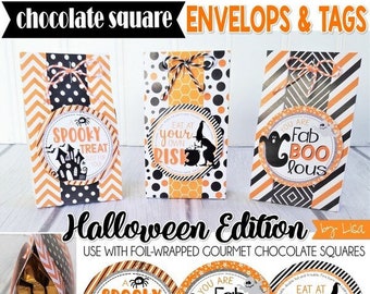 Cute HALLOWEEN PRINTABLE Gift Tags | Gourmet Chocolate Squares Envelops & Mix and Match Tags | Gift Idea for Friends, Neighbors or Teachers