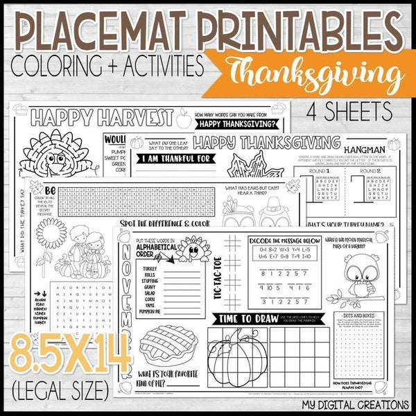 Placemat Activity Sheets {THANKSGIVING} PRINTABLE | Interactive Coloring Page | Restaurant Style Activity Sheet | Great for Kids!