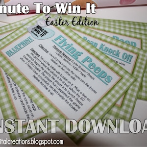 May include: A set of printable game cards for an Easter-themed Minute to Win It game. The cards are green and white with a gingham pattern. The cards have the title "Flying Peeps" and instructions for the game. The text on the cards reads: "Materials Needed: Easter Basket/Peeps, Table/Tape, Plastic Spoons/Table. Objective: Launch peeps across the room into the Easter basket on the other side. Directions: Set up the table with basket on it. Mark a line on the ground where the player is to stand. When the 60 seconds begins the spoon, the player is to launch Peeps towards the basket. The player has completed the game when 3 Peeps have successfully landed inside the basket before the time is up."